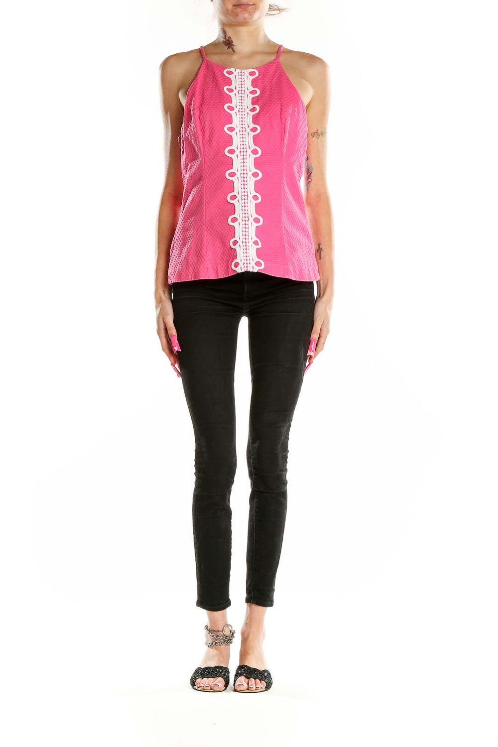 Front view of pink Lilly Pulitzer sleeveless top with white lace trim