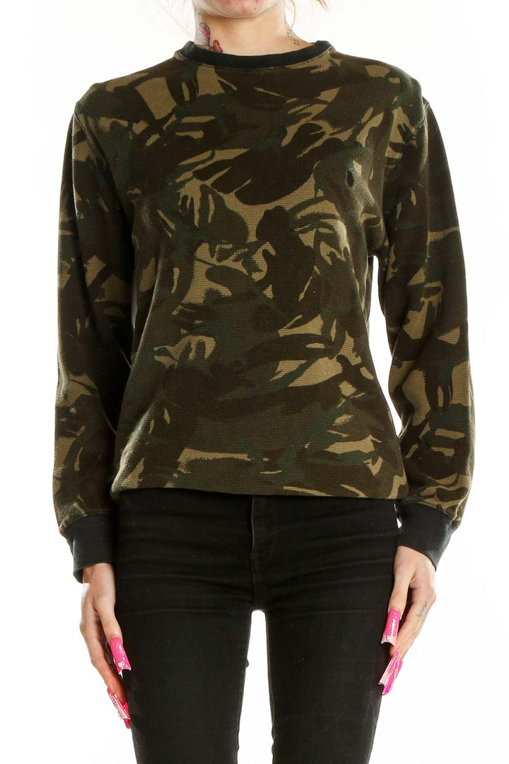 Front view of Polo Ralph Lauren green camouflage cotton crewneck sweater