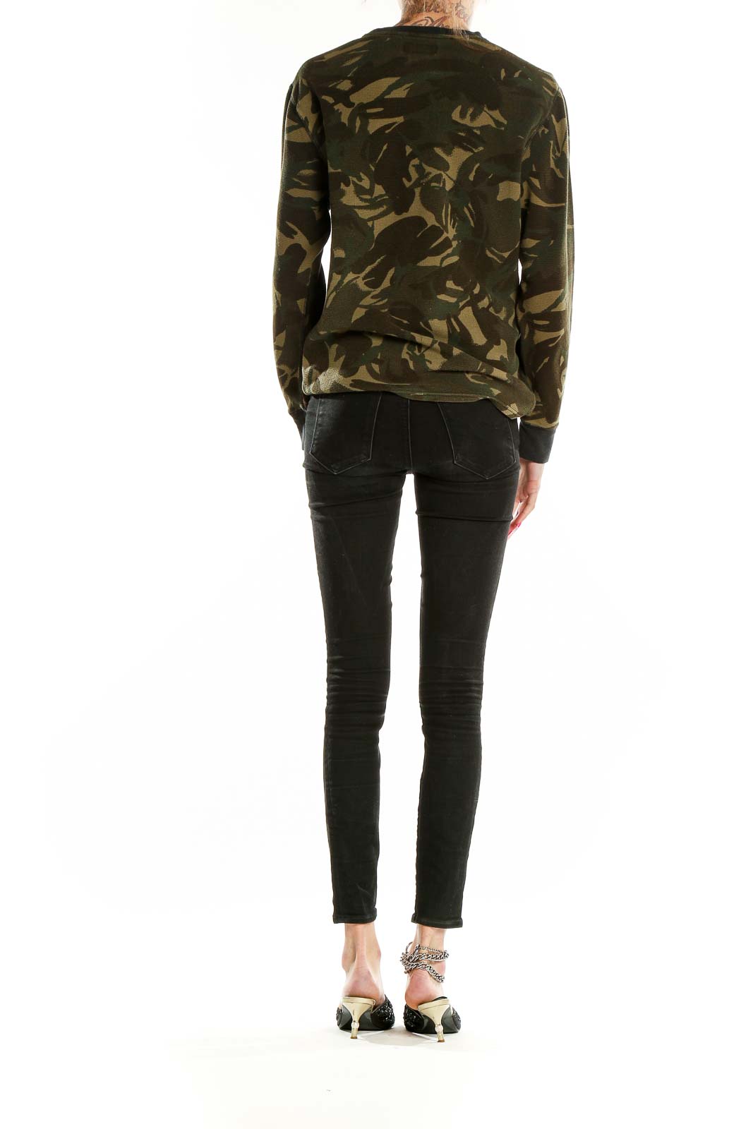 Back view of Polo Ralph Lauren green camouflage cotton crewneck sweater on model with black jeans