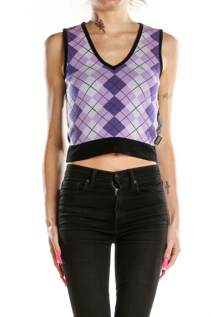 Front view of XOXO purple argyle cropped sweater vest