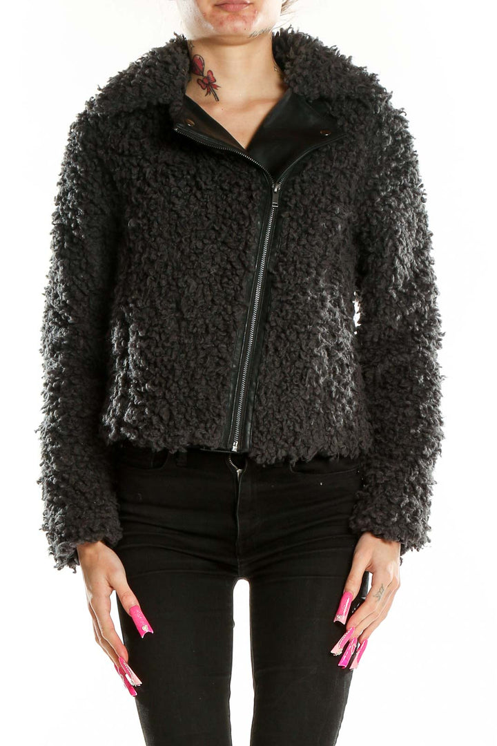 Front view of black fuzzy cropped moto jacket by Rock & Republic