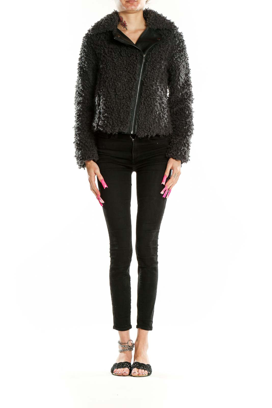 Front view of black fuzzy cropped moto jacket by Rock & Republic