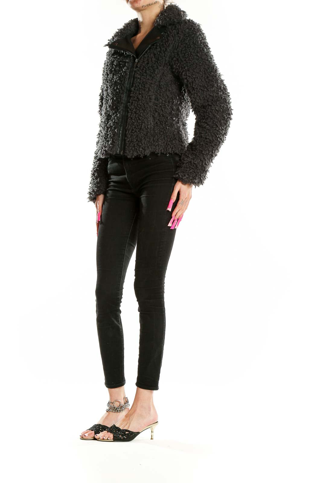 Front view of black fuzzy cropped moto jacket by Rock & Republic