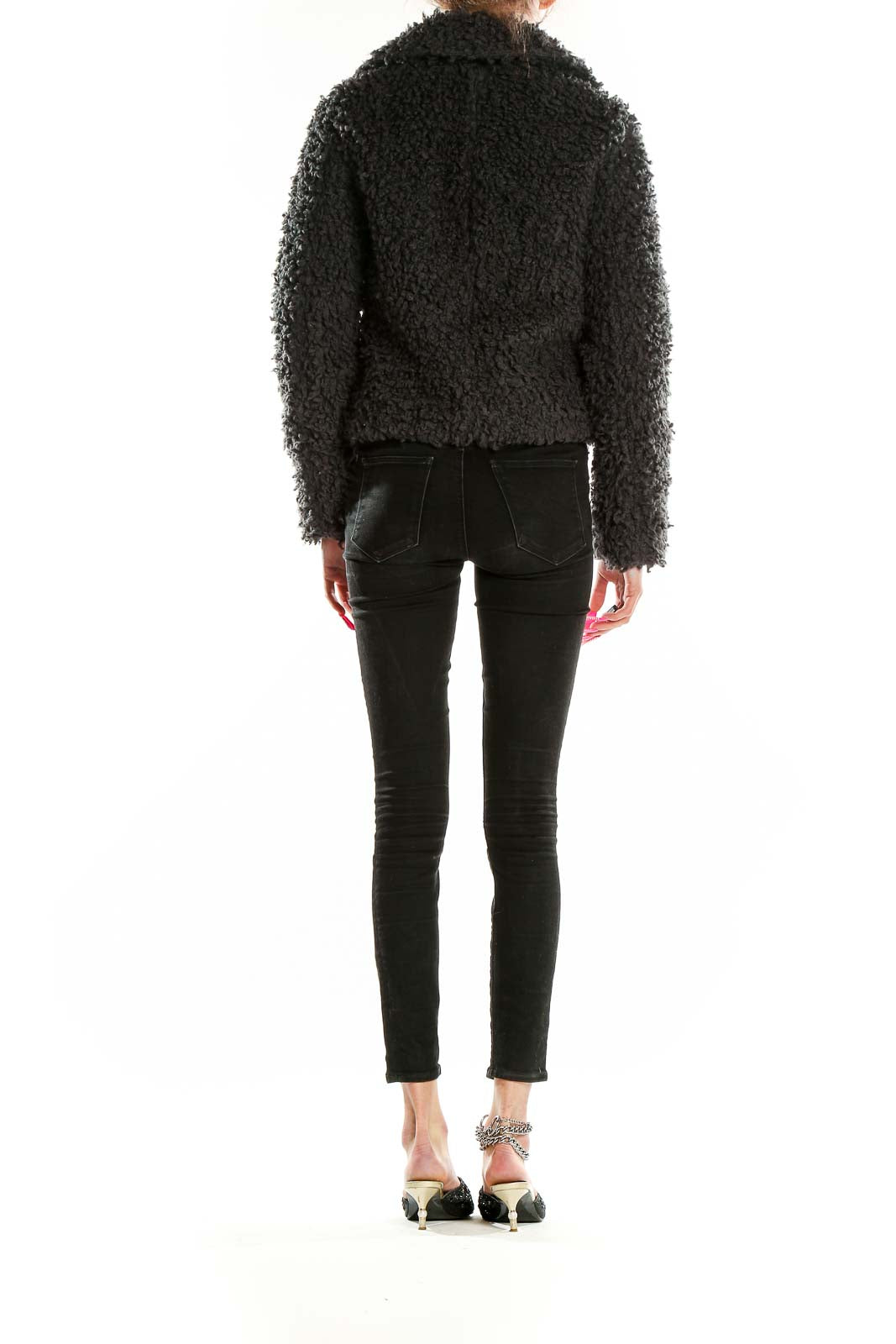 Back view of black fuzzy cropped moto jacket by Rock & Republic