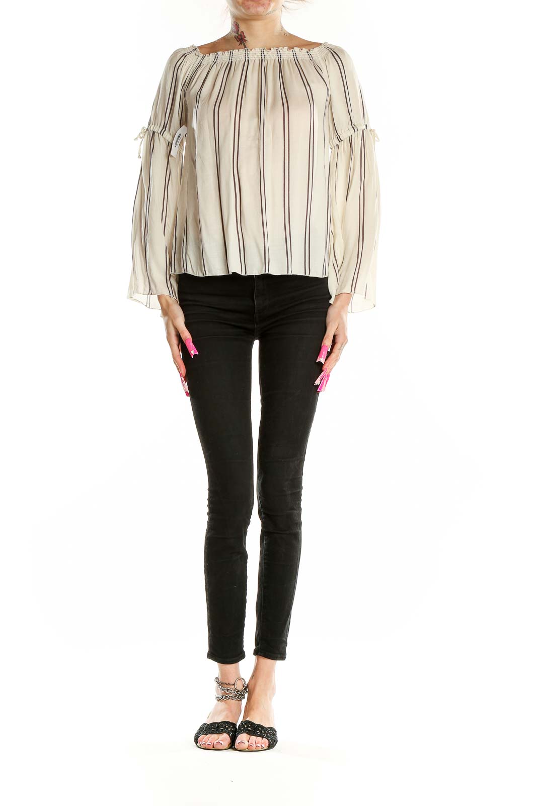 Front view of Chaser beige striped off-shoulder blouse with long bell sleeves