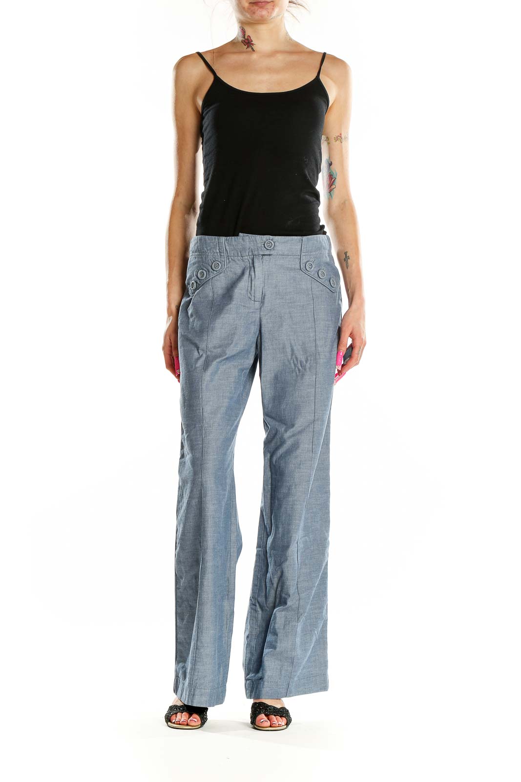 Front view of Elevenses gray cotton wide-leg trousers with button detail