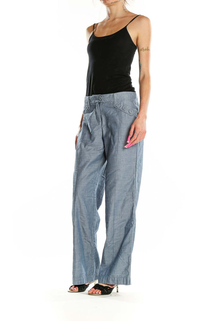 Front view of Elevenses gray cotton wide-leg trousers with button detail