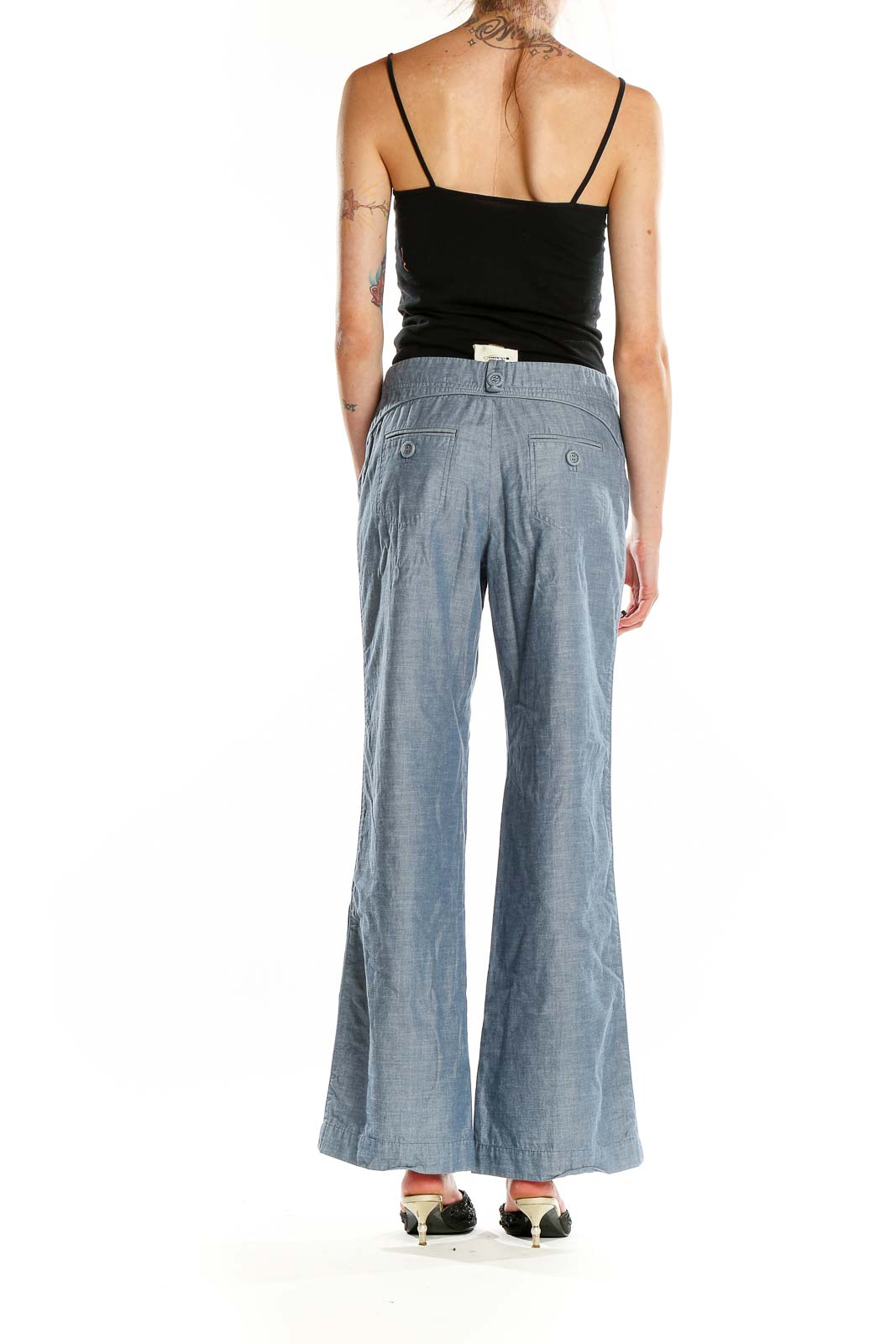 Side view of Elevenses gray cotton wide-leg trousers on model