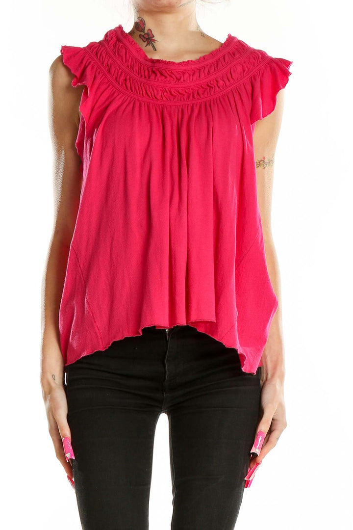 Front view of hot pink flowy rayon top with ruched neckline by WE THE FREE