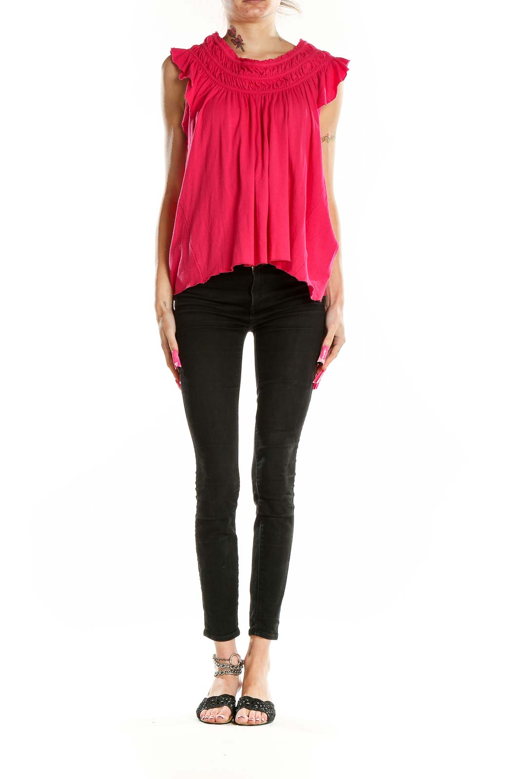 Front view of hot pink flowy rayon top with ruched neckline by WE THE FREE