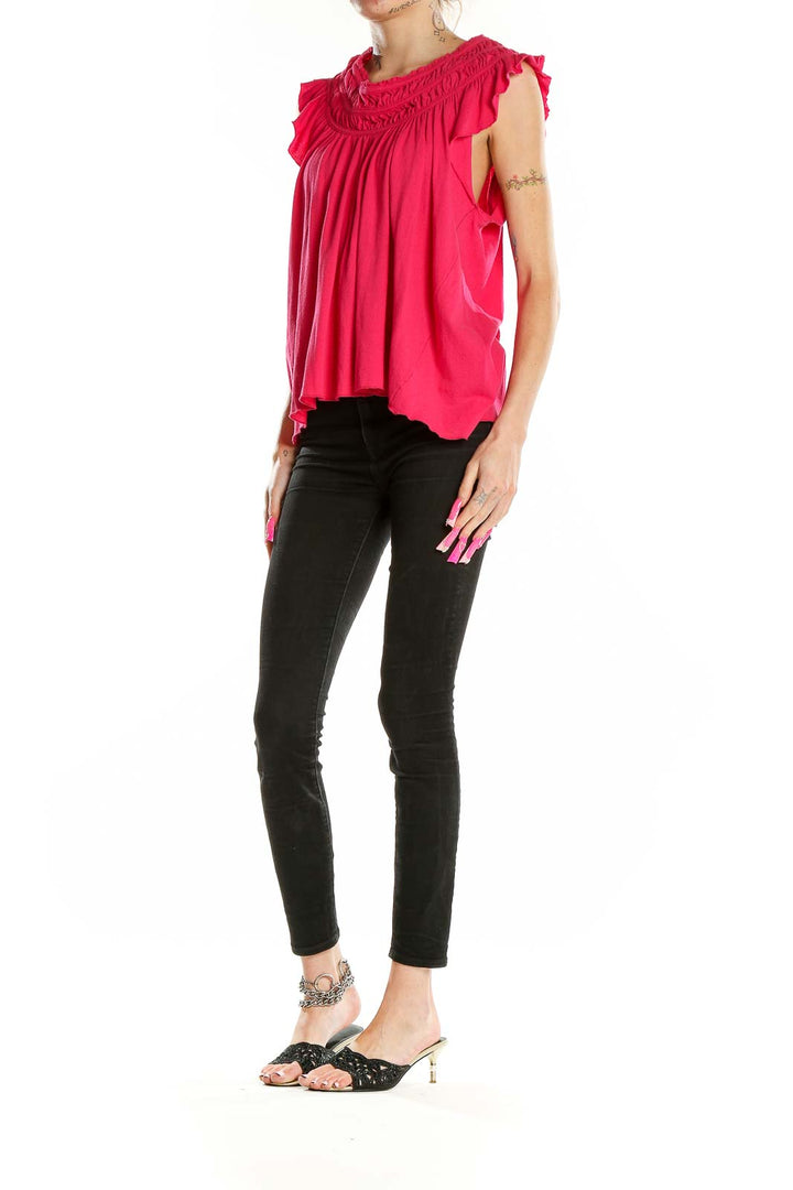 Front view of hot pink flowy rayon top with ruched neckline by WE THE FREE