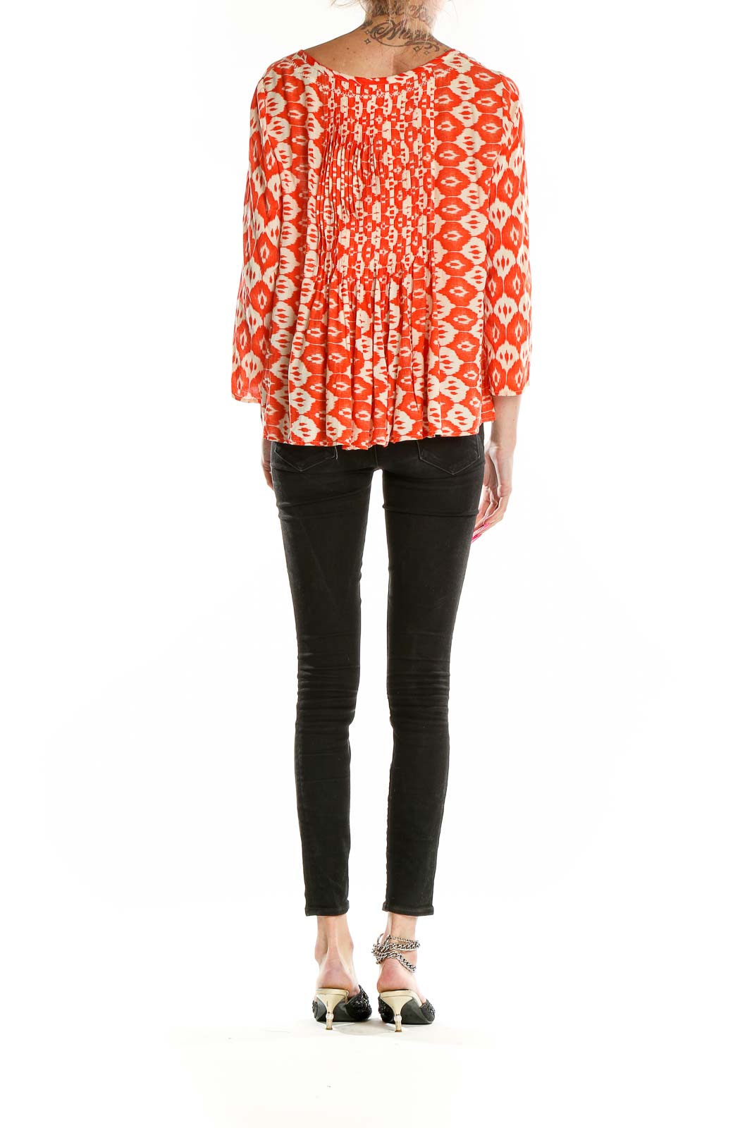 Orange Split Neck 3-4th Sleeve Printed Top