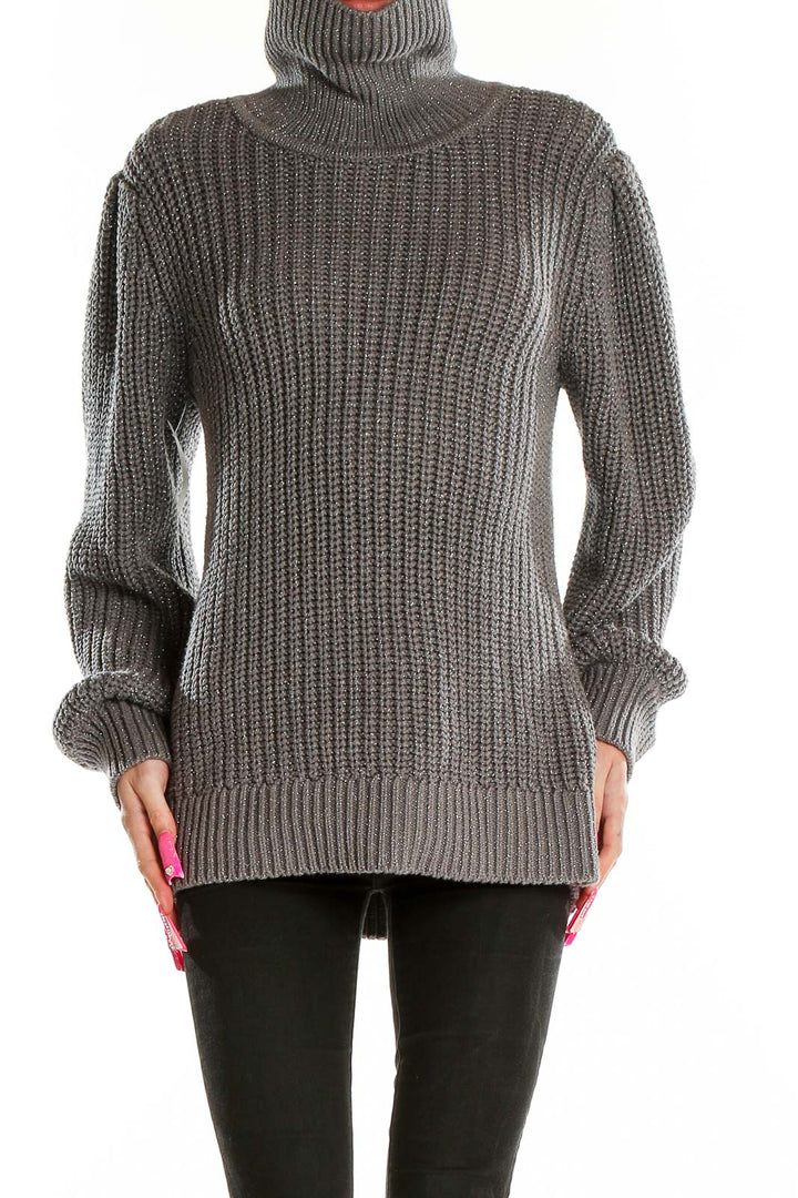 Front view of Alfani gray chunky knit turtleneck sweater with oversized fit