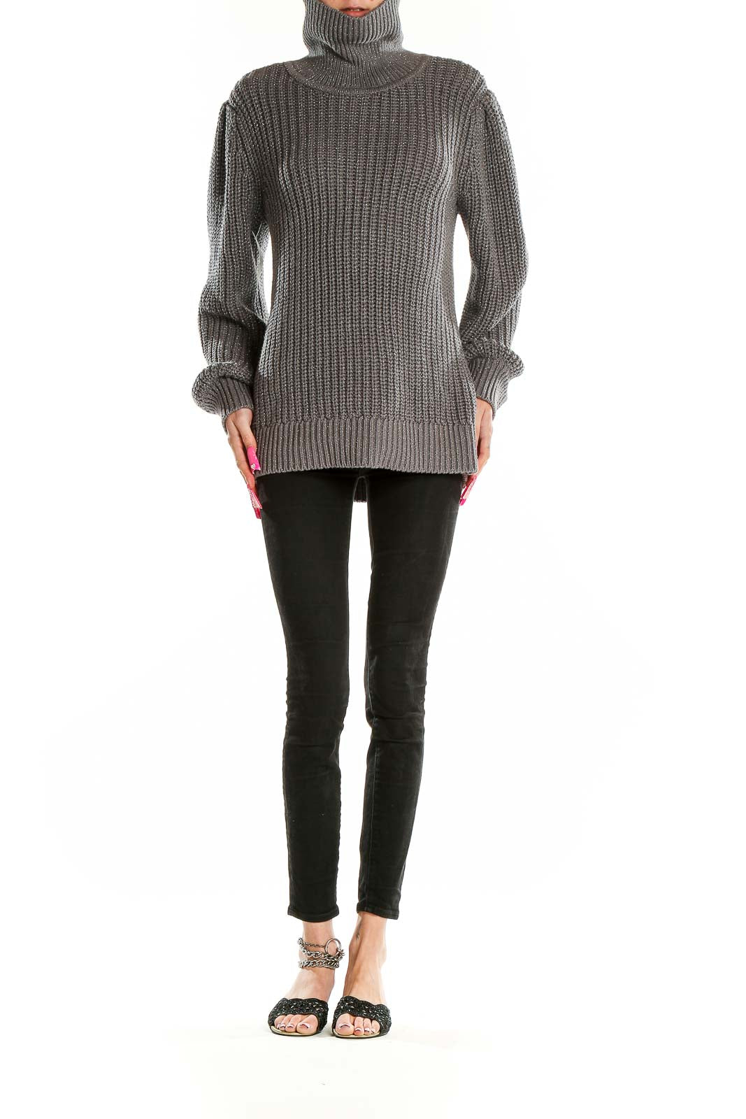 Front view of Alfani gray chunky knit turtleneck sweater with oversized fit