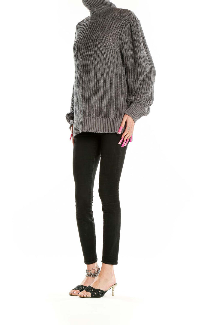 Front view of Alfani gray chunky knit turtleneck sweater with oversized fit