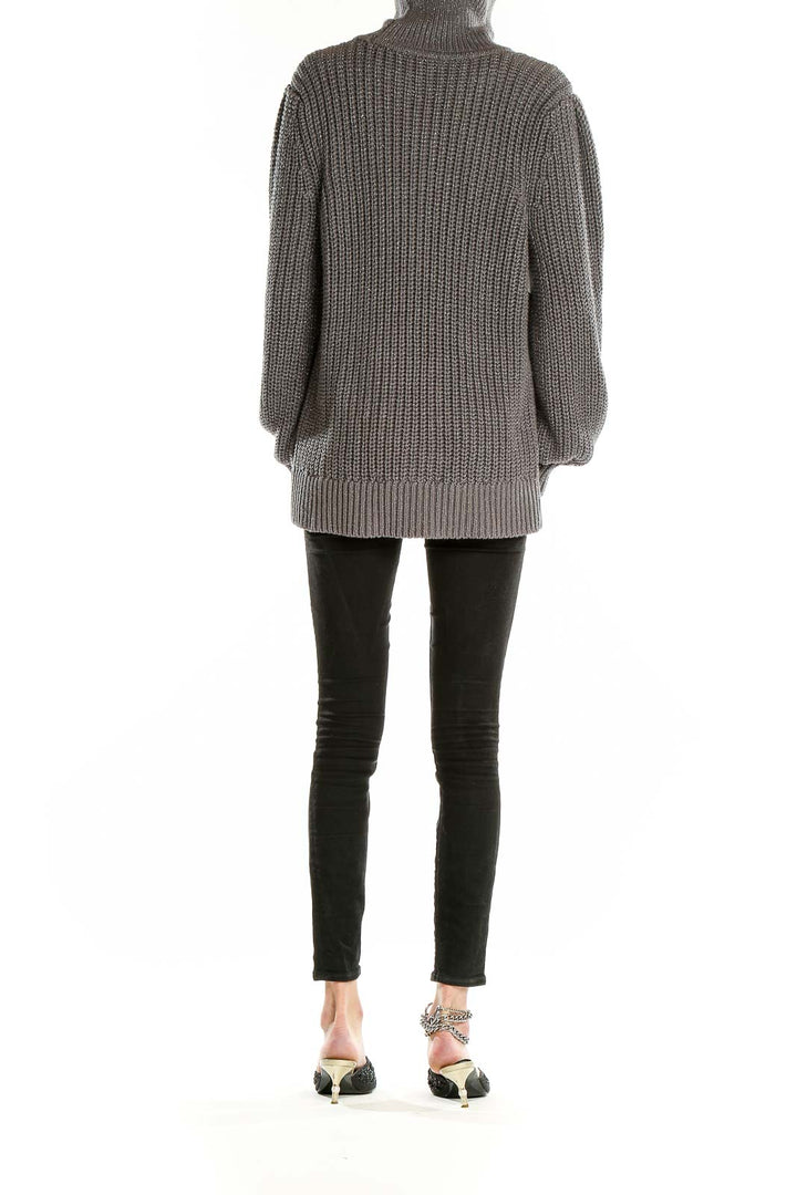 Side view of Alfani gray chunky knit turtleneck sweater showing length and fit