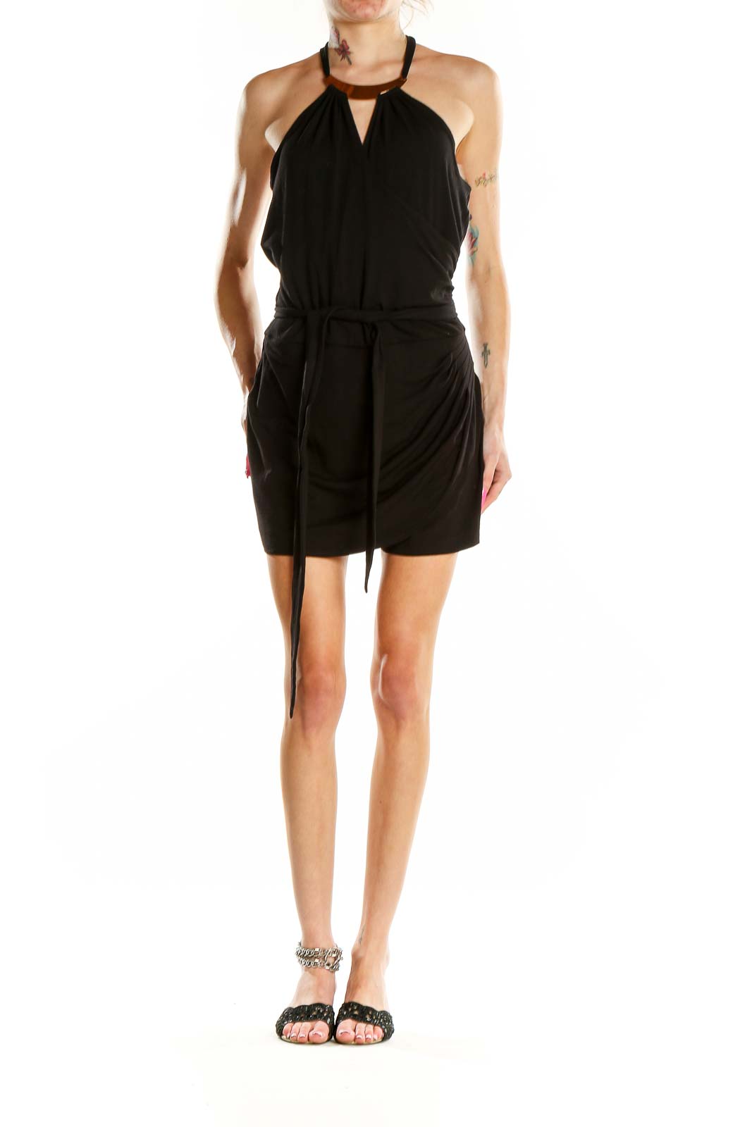 Black Hardware Sleeveless Halter Keyhole Romper