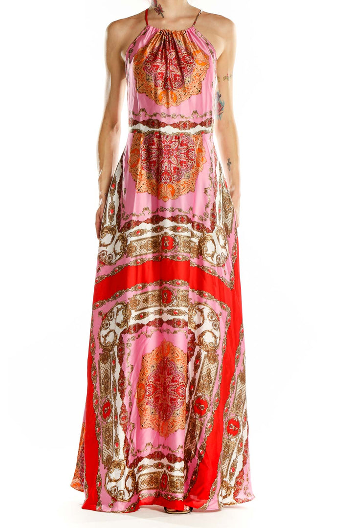 Red Pink Floor Length Bohemian Print Halter Dress