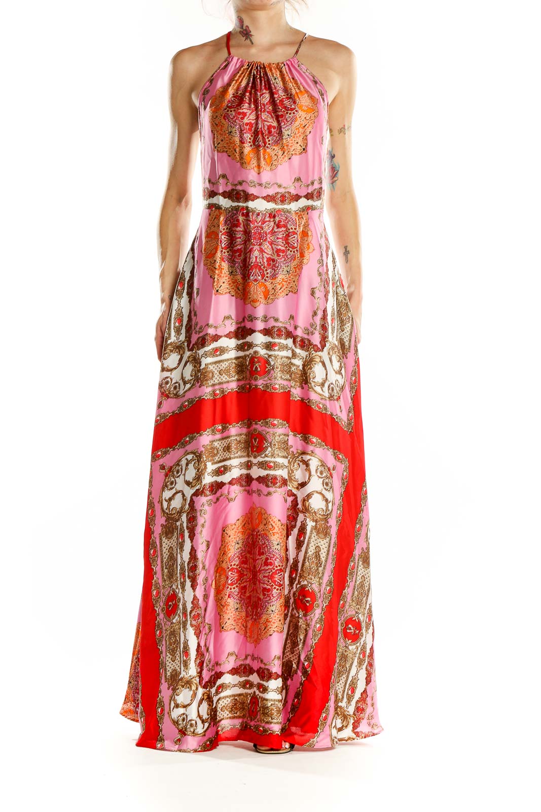 Red Pink Floor Length Bohemian Print Halter Dress