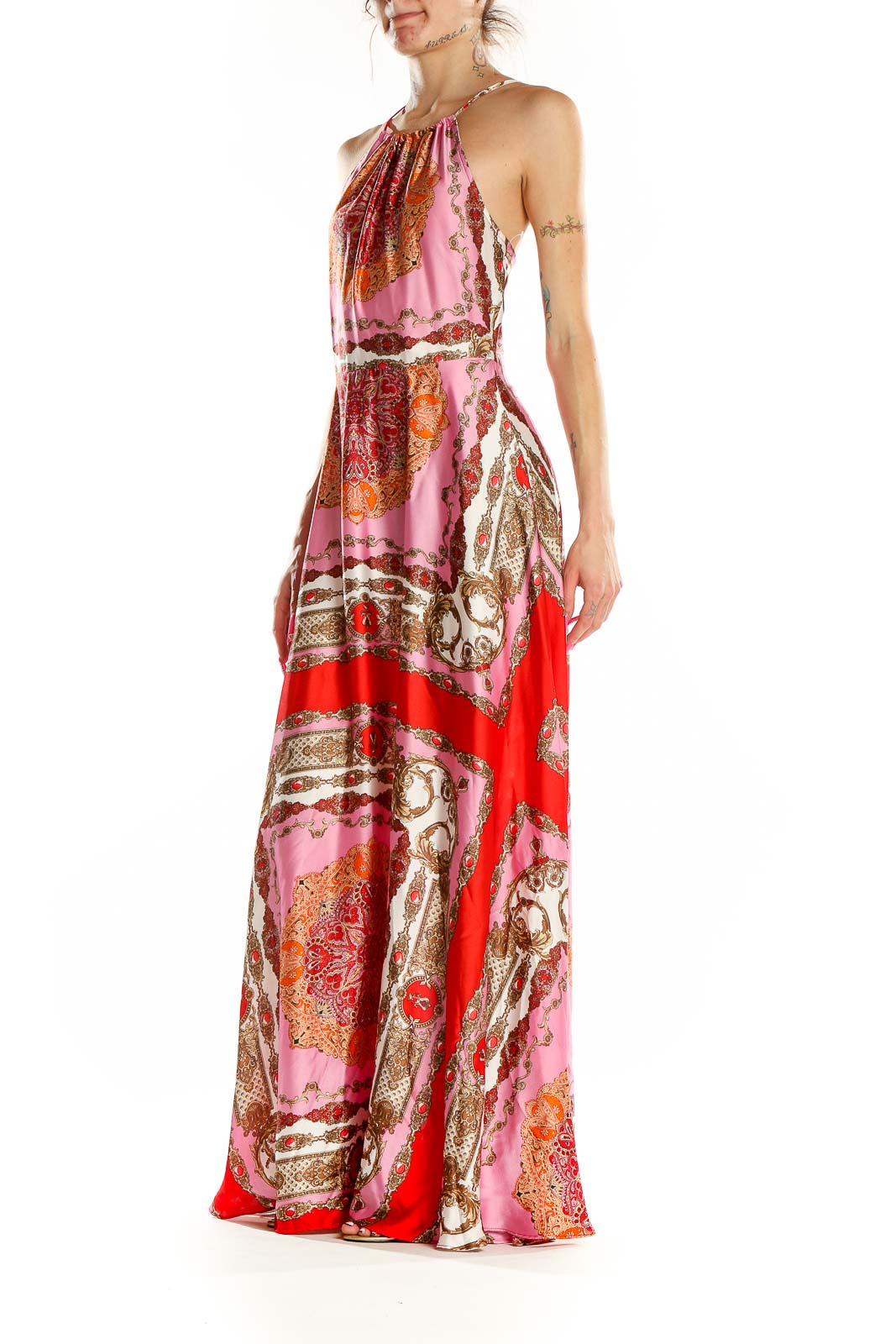 Red Pink Floor Length Bohemian Print Halter Dress