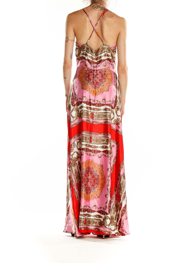 Red Pink Floor Length Bohemian Print Halter Dress