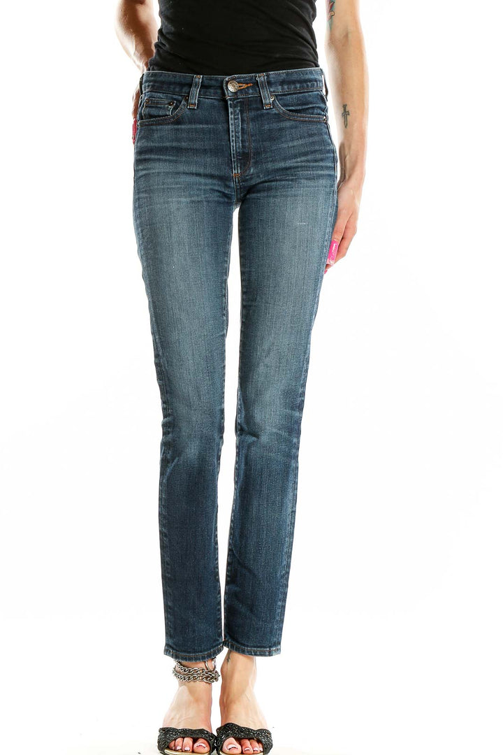 Front view of J.Crew blue straight leg jeans on model