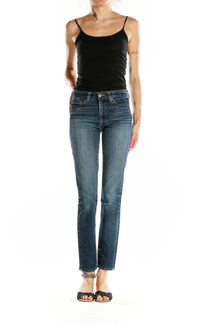 Front view of J.Crew blue straight leg jeans on model