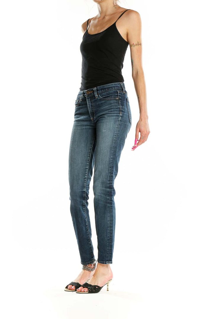 Front view of J.Crew blue straight leg jeans on model