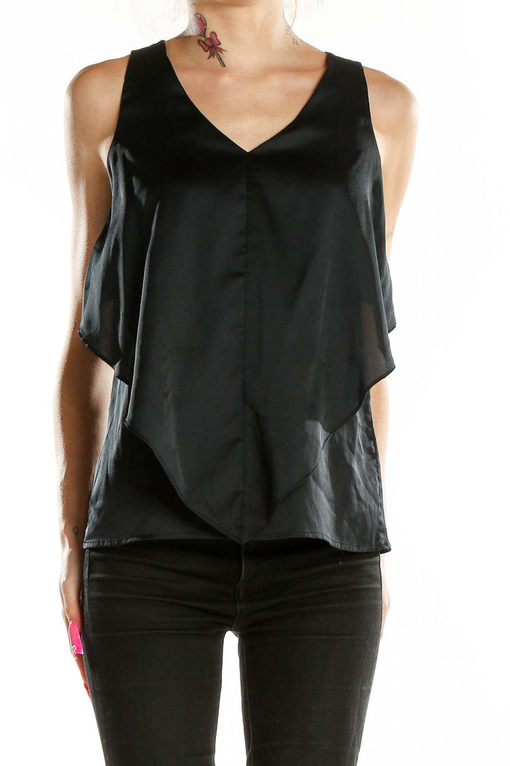 Front view of Cynthia Cynthia Rowley black flowy sleeveless top with V-neck