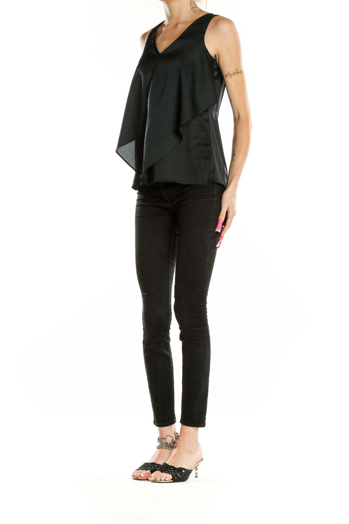 Front view of Cynthia Cynthia Rowley black flowy sleeveless top with V-neck