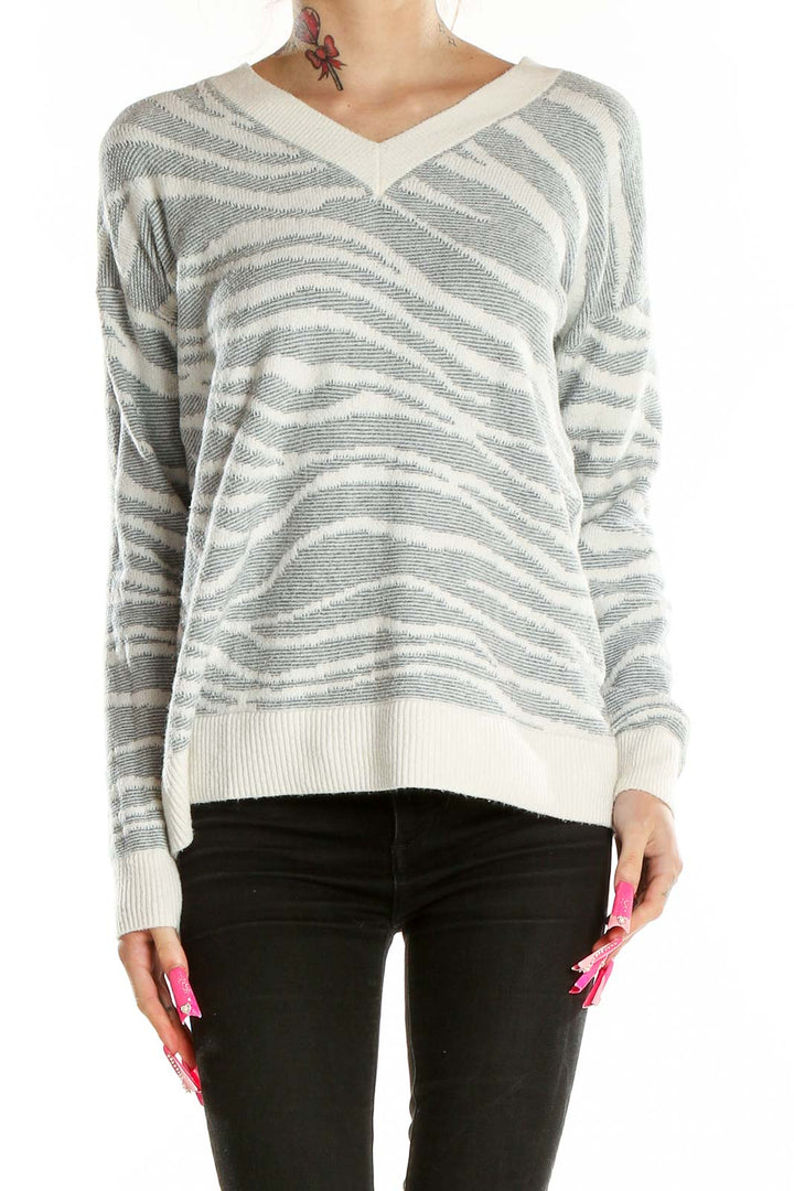 Gray White V Neck Printed Sweater