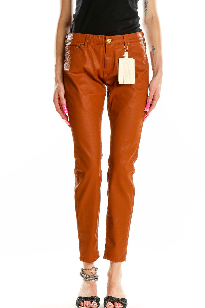 Brown Coated Texture Skinny Pants