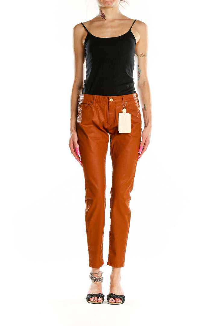 Brown Coated Texture Skinny Pants