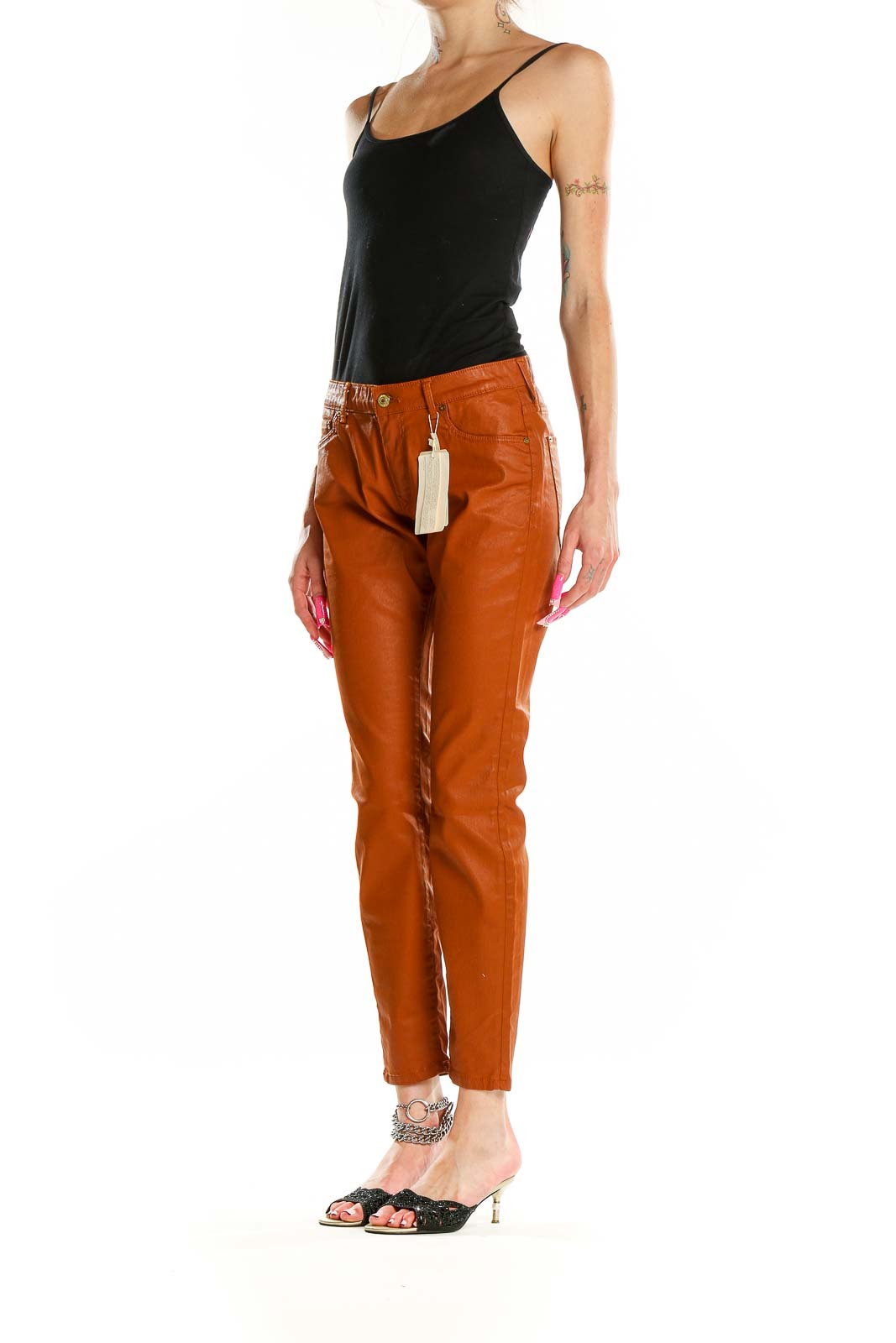 Brown Coated Texture Skinny Pants