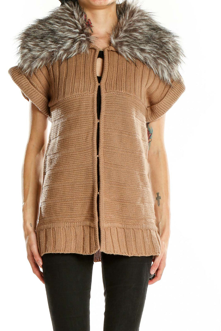 Front view of camel knit vest with faux fur collar by Romeo & Juliet Couture