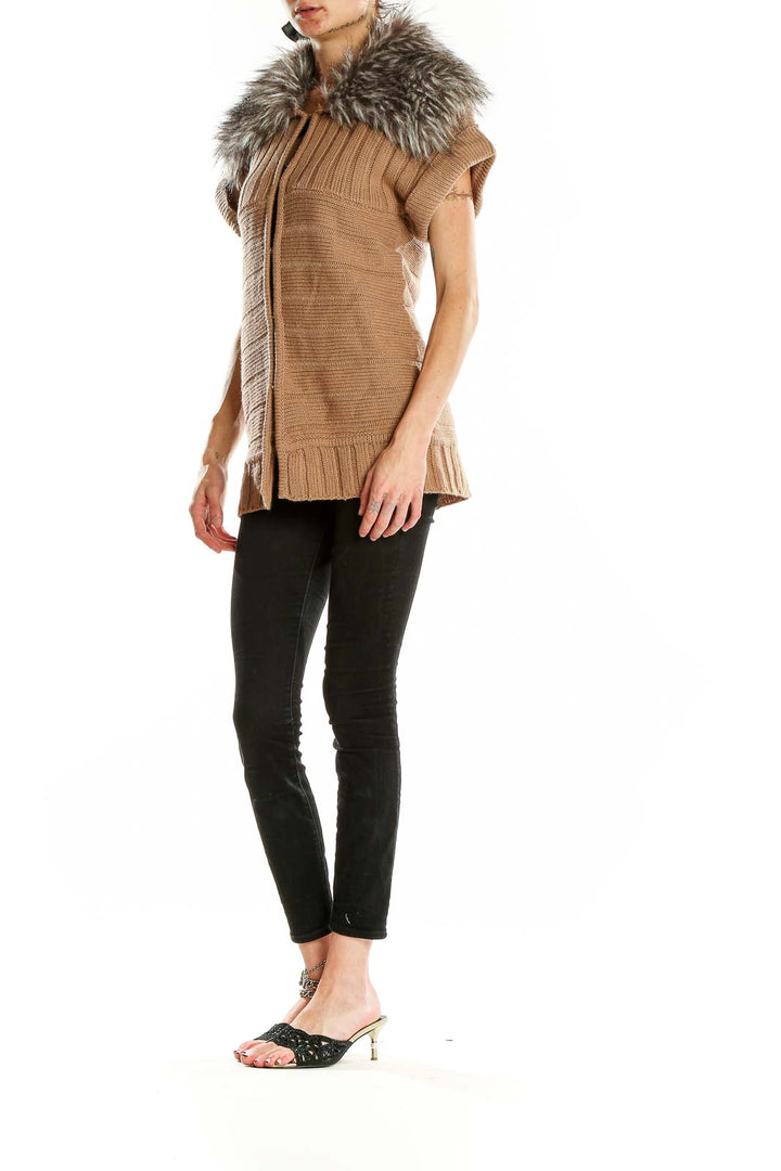 Front view of camel knit vest with faux fur collar by Romeo & Juliet Couture