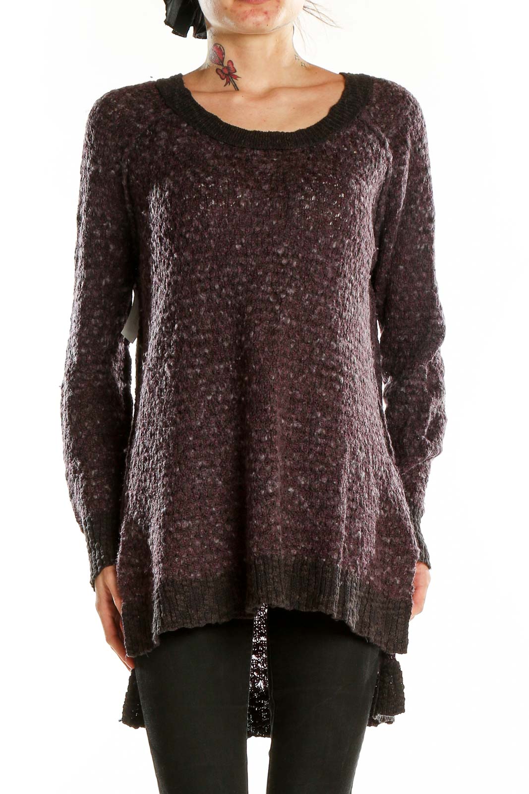 Front view of Free People brown textured oversized knit sweater