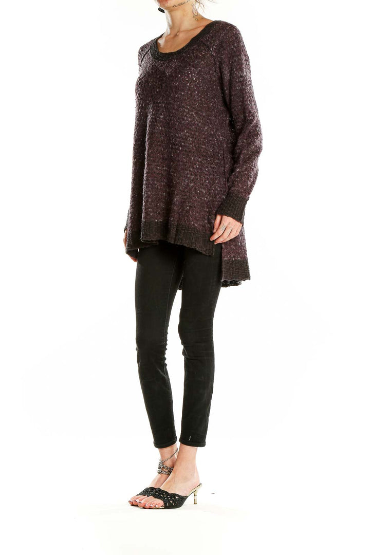 Front view of Free People brown textured oversized knit sweater