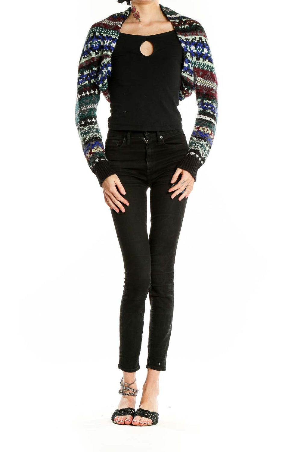 Front view of multicolor Fair Isle cropped cardigan by Free People