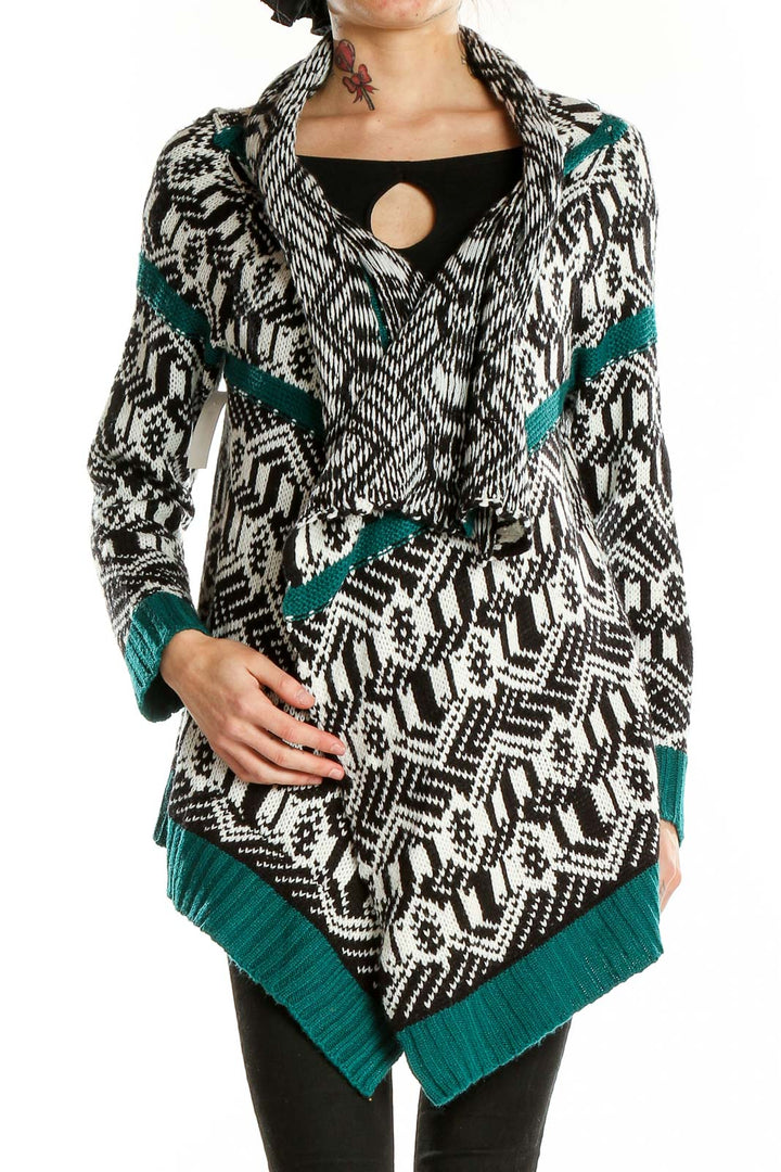 Front view of Romeo & Juliet Couture Black and White Geometric Knit Cardigan with teal trim