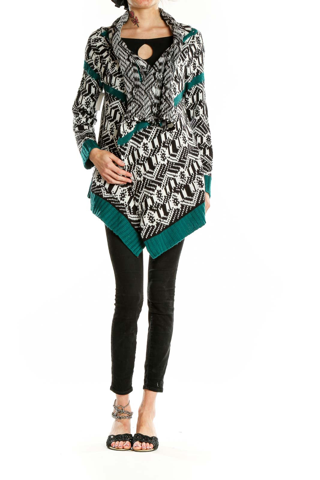 Front view of Romeo & Juliet Couture Black and White Geometric Knit Cardigan with teal trim