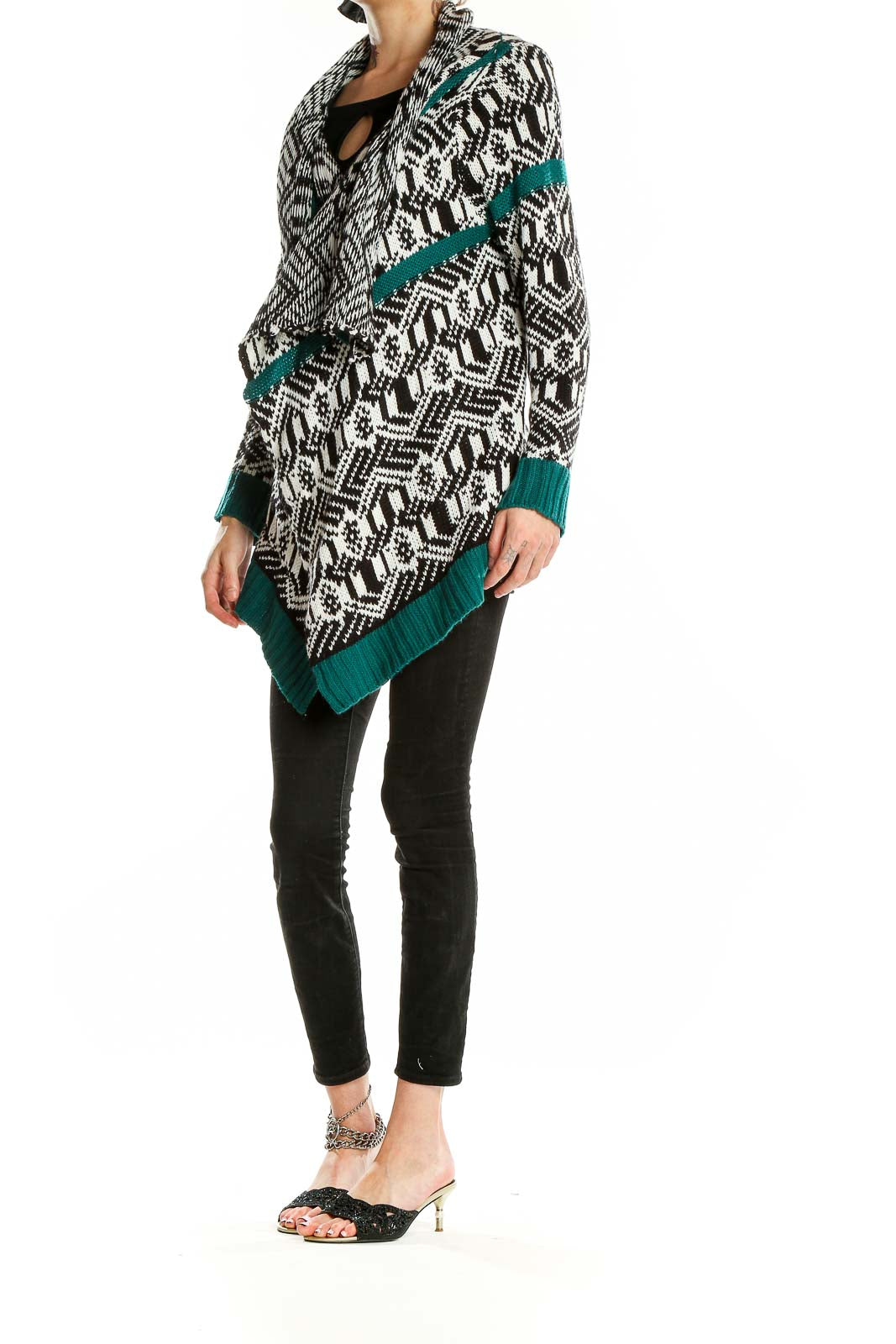 Front view of Romeo & Juliet Couture Black and White Geometric Knit Cardigan with teal trim