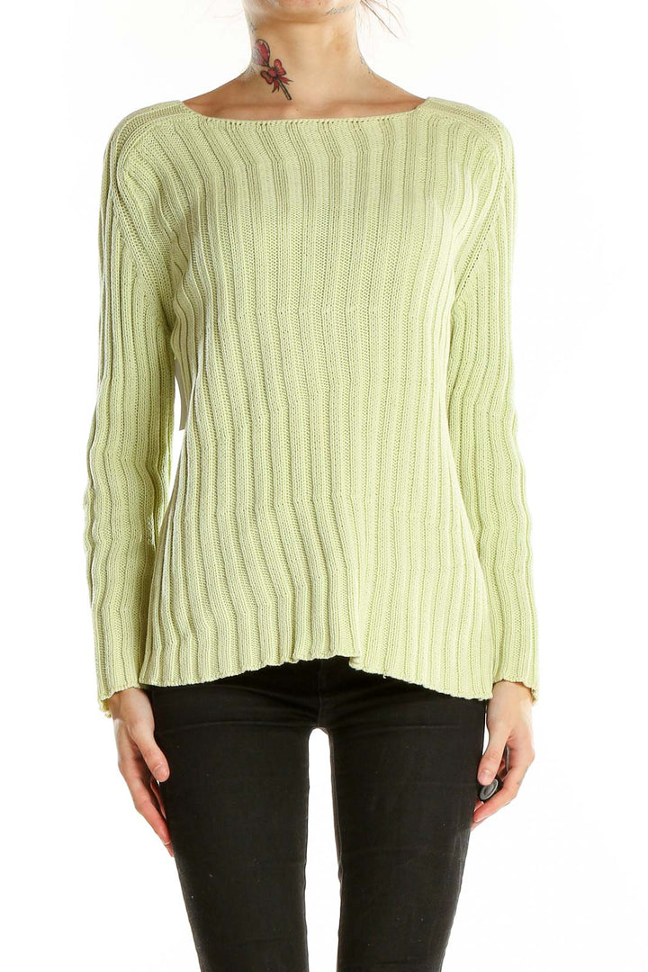 Front view of Burberry light green ribbed cotton sweater with boat neckline