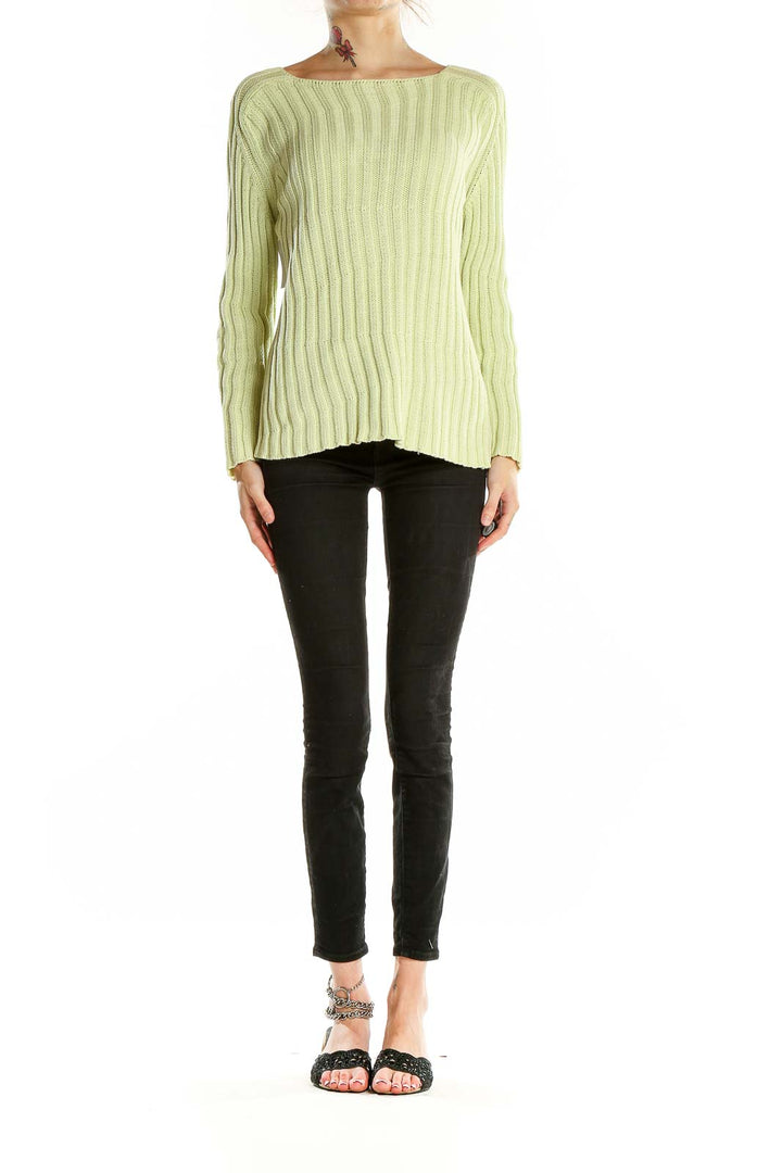 Front view of Burberry light green ribbed cotton sweater with boat neckline