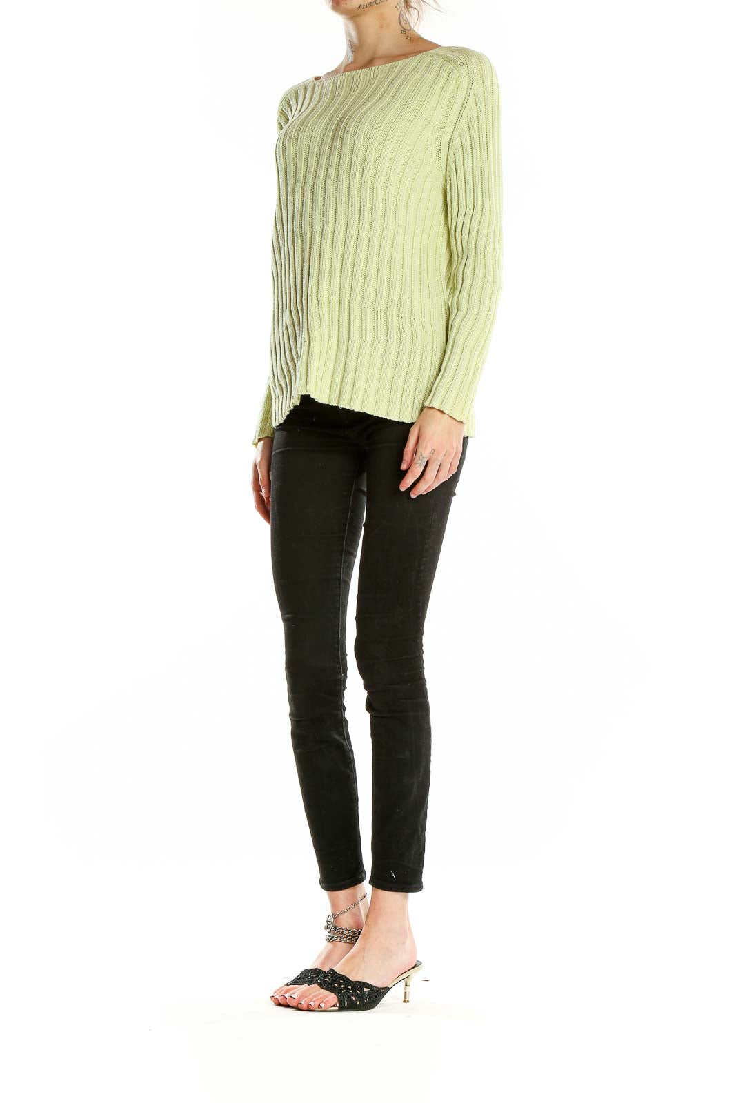 Front view of Burberry light green ribbed cotton sweater with boat neckline