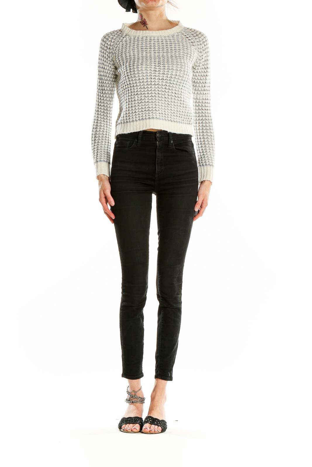 Front view of Joie white cropped knit sweater with metallic accents