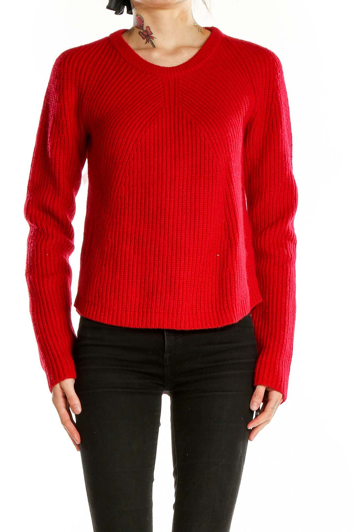 Front view of Cynthia Rowley red ribbed acrylic-wool sweater