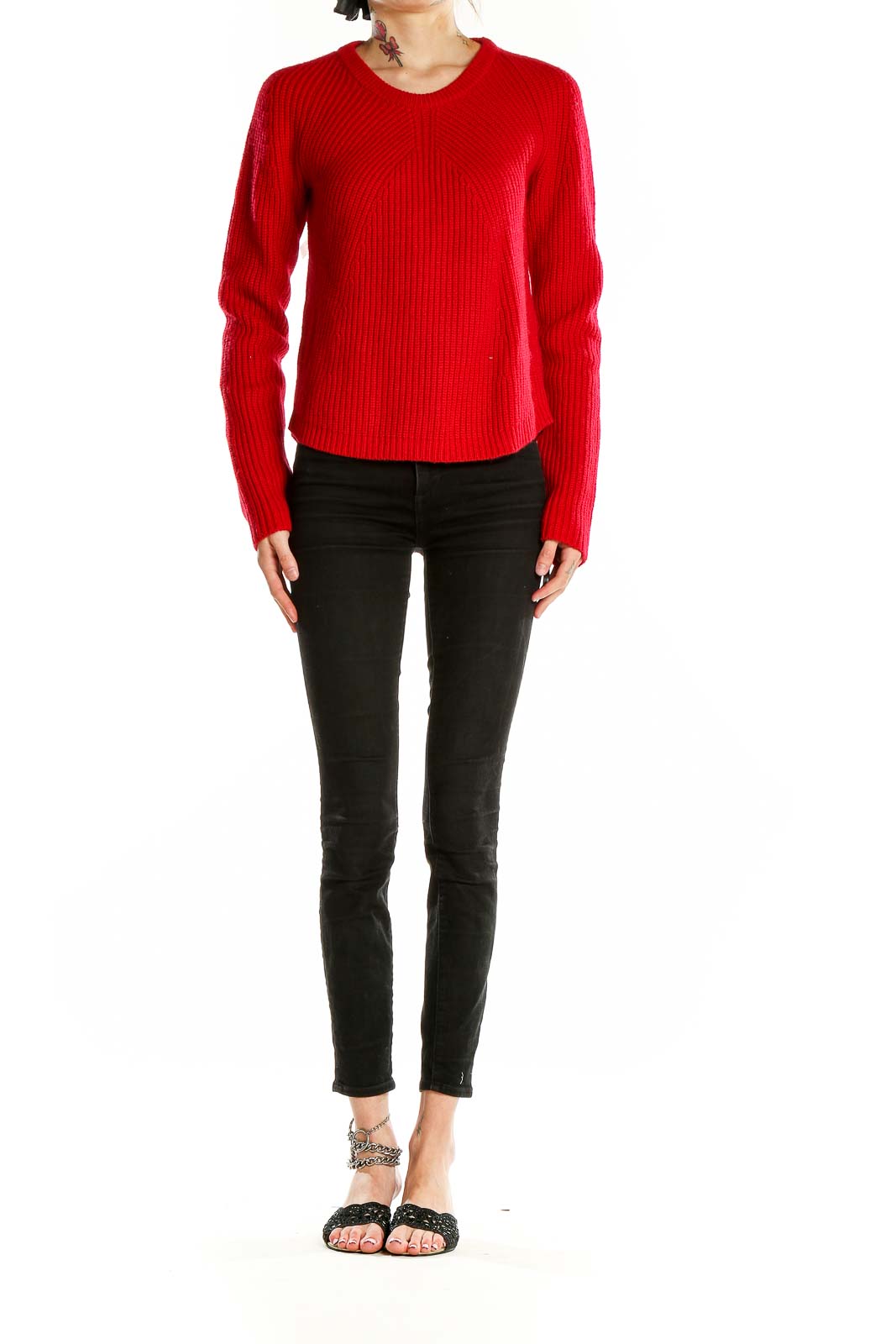 Front view of Cynthia Rowley red ribbed acrylic-wool sweater