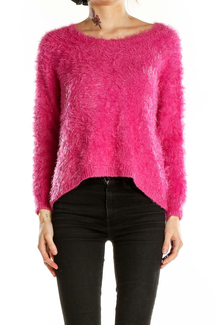 Front view of Vince Camuto hot pink fuzzy cropped sweater