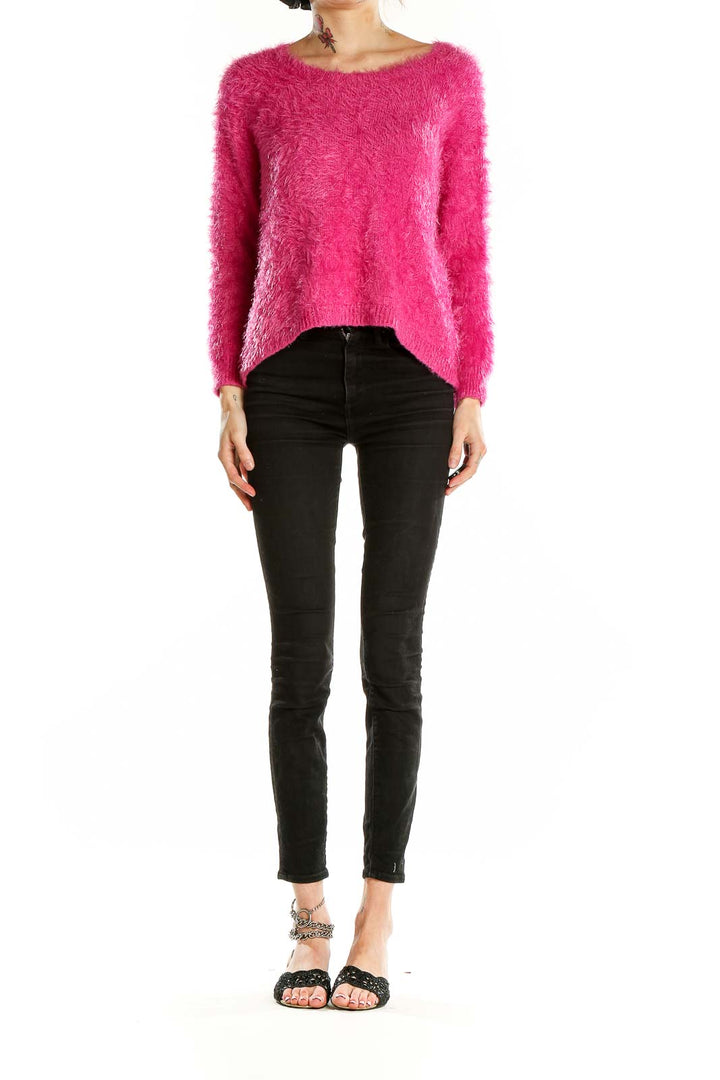 Front view of Vince Camuto hot pink fuzzy cropped sweater